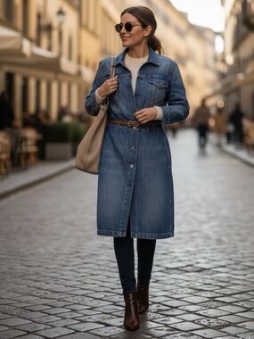 Vintage Authentic Ralph Lauren Polo Denim Button-Front Long Jacket Dress - Blue